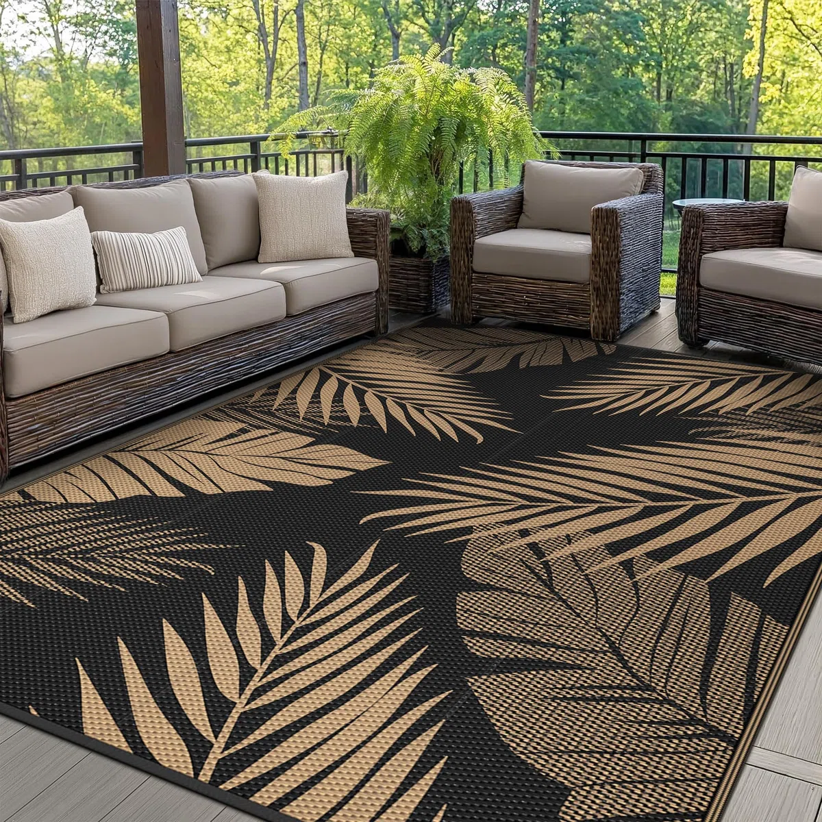 GENIMO Tappeto da Esterno Antipioggia,Impermeabili Eeversibili Lavabili,Tappeto per Terrazze,Giardini,Camper,Picnic,Balcone,180x275cm,Nero & Marrone
