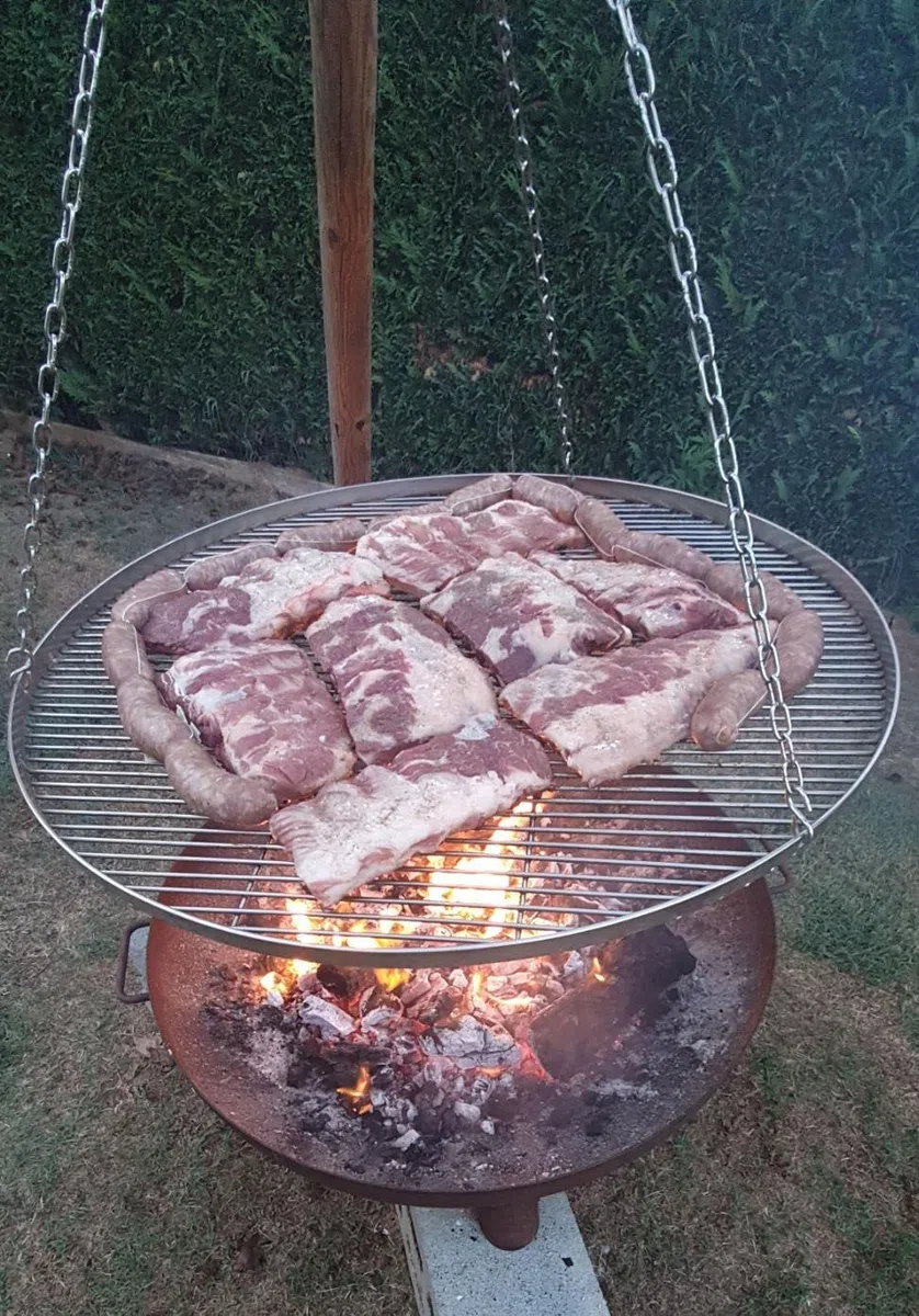 Griglia rotonda in acciaio inox, diametro 80 cm, per barbecue girevole, griglia con 3 fori di sospensione, piastra per barbecue a carbonella, barbecue, piastra a gas, accessori da campeggio