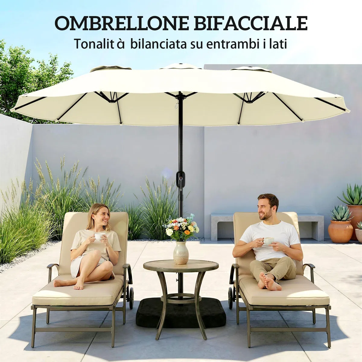 Outsunny Ombrellone Doppio da Giardino 3x1.5 m con Base a Croce, Sacchi di Sabbia, Ombrellone da Esterno Rettangolare con Manovella, 12 Stecche, UV 50+, per Patio Terrazzo Balcone