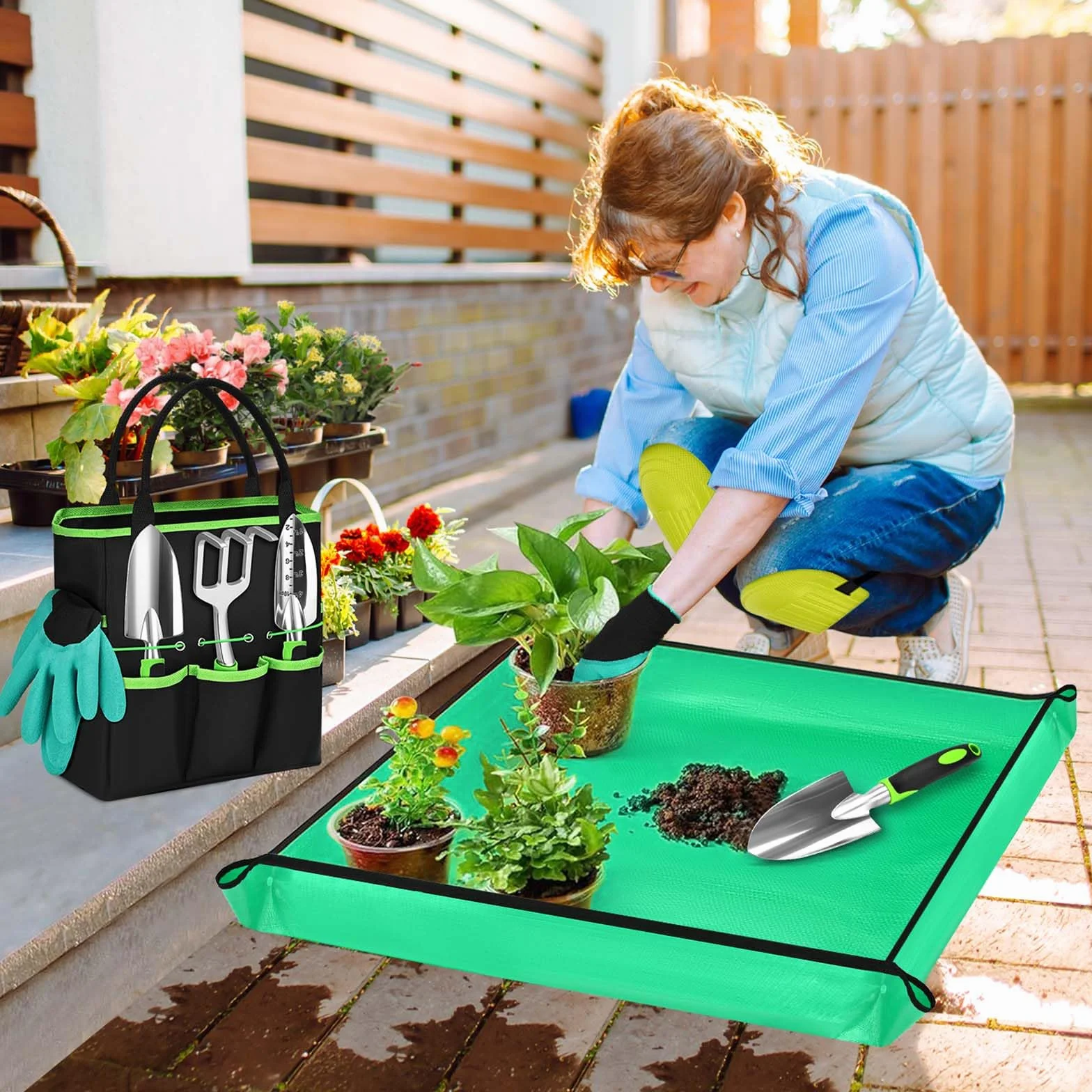 Mactoou Set di attrezzi da giardinaggio, 12 Pezzi kit giardinaggio con paletta giardinaggio, Tappetino per Rinvaso di Piante, Borsa, Set Giardinaggio Regali da Giardino per Donna Uomo