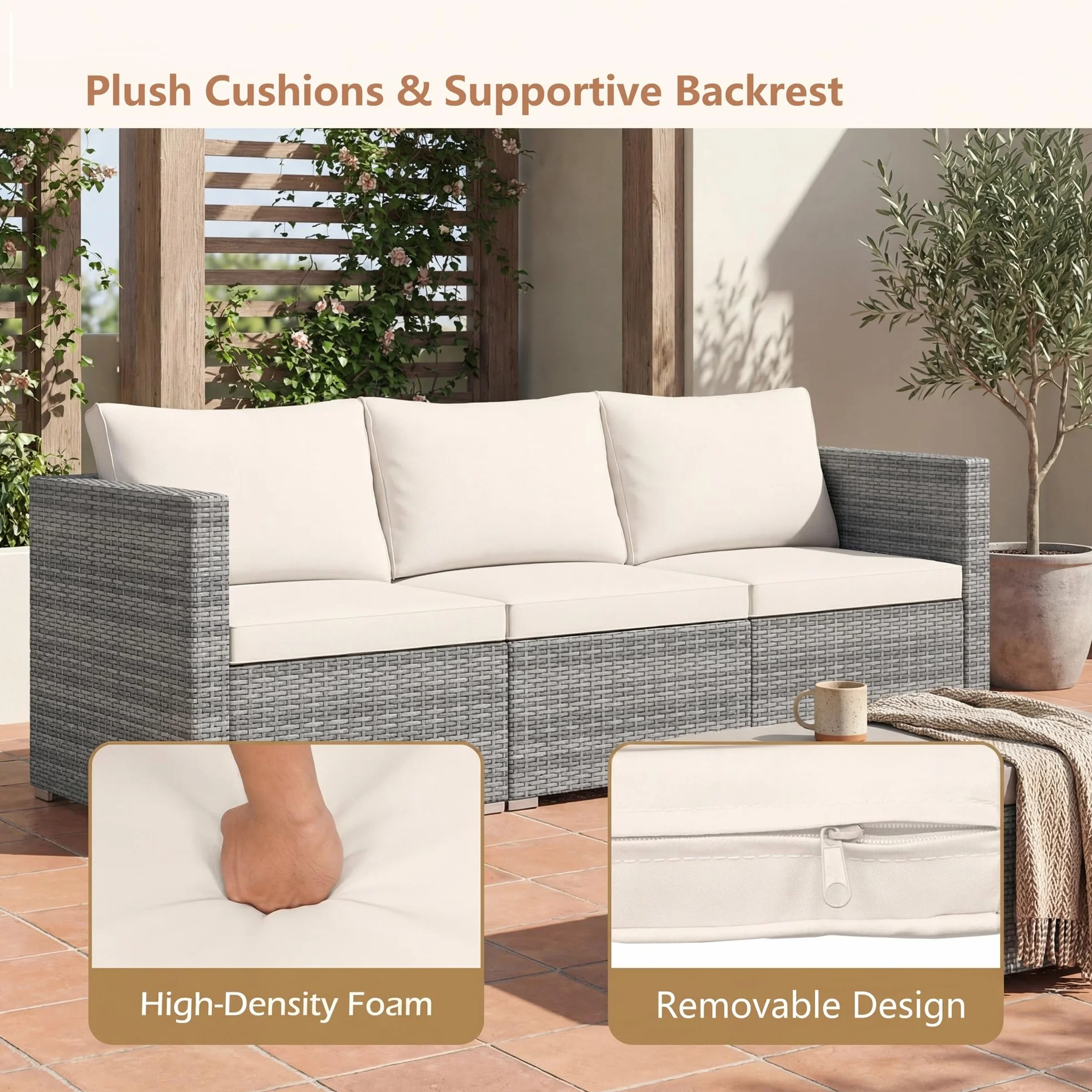 LIFEZEAL Divano da Giardino 3 Posti in Rattan PE, Divano da Esterno con Cuscini Inclusi, Salotto da Giardino Componibile Modulare per Terrazzo, Balcone e Cortile, 193 x 67 x 61,5 cm (Beige)