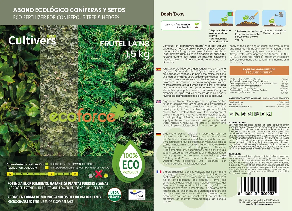 CULTIVERS Fertilizzante Ecologico per conifere e siepi da 5 kg (pini, abeti Rossi, cipressi e tuia). Fertilizzante di Origine Organica e Naturale al 100% con Alta concentrazione di NPK