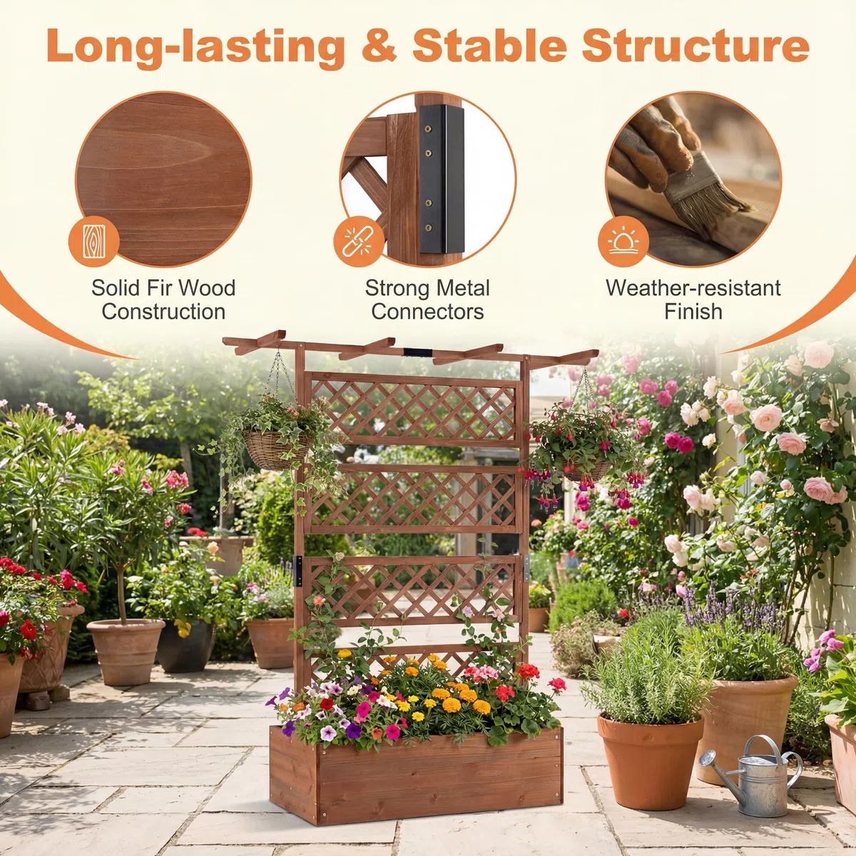 HOMASIS Orto Rialzato con Grigliato e Tetto da Giardino, Letto per Aiuola, Fioriera per Piante, Fiore, Rampicanti, Vasi, in Legno Massello, per Esterno, Terrazza, 100 x 55 x 183 cm, Marrone Scuro