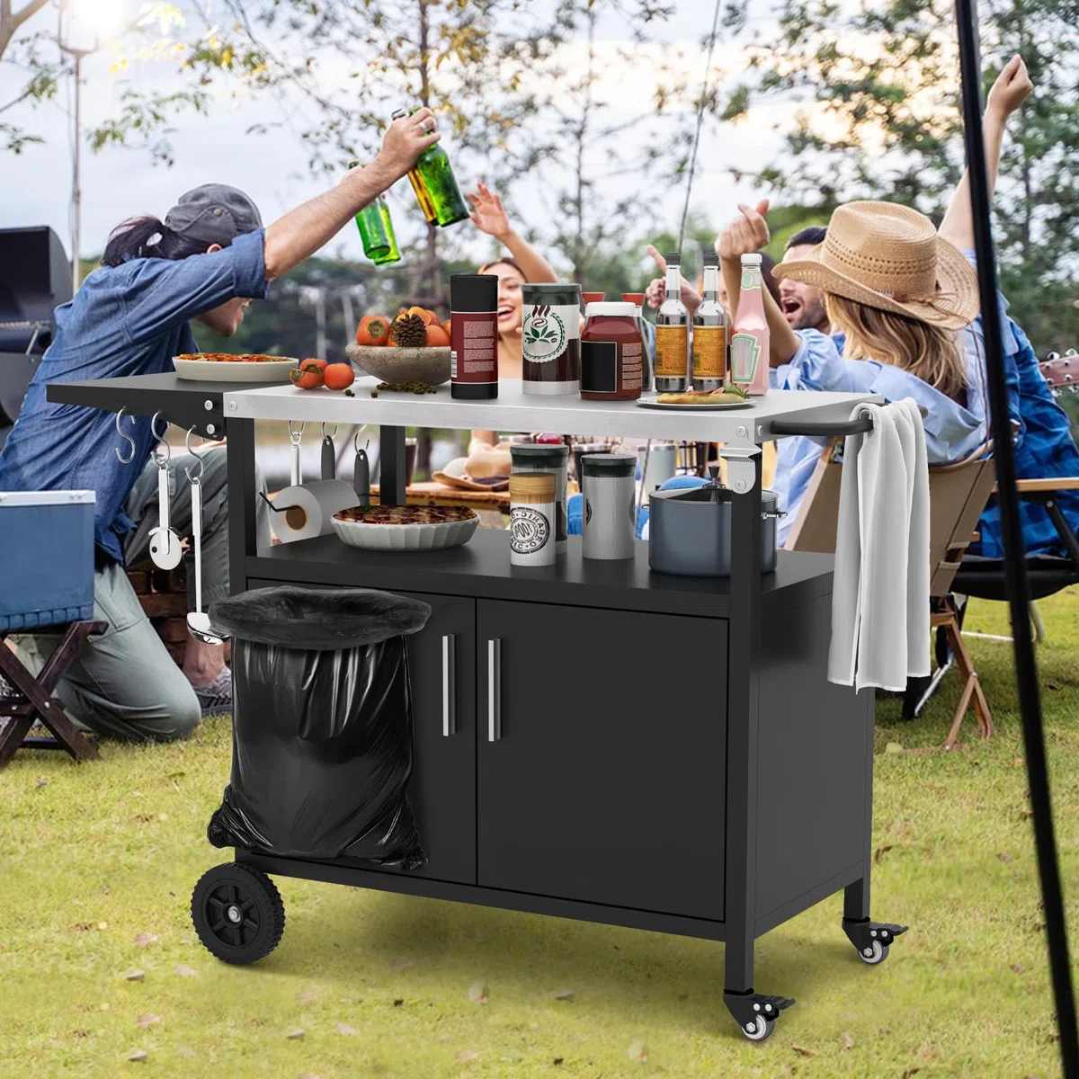 GIANTEX Carrello da Cucina Esterno con Piano in Acciaio Inox, Tavolo Laterale Pieghevole, Ruote e Supporto per Sacco della Spazzatura