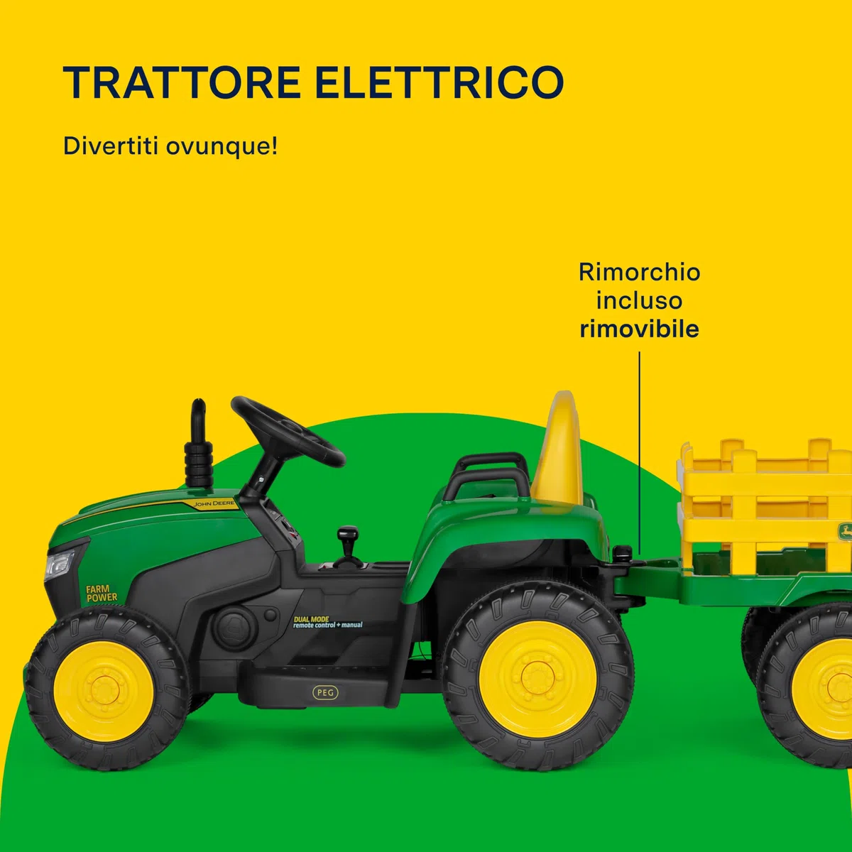 PEG John Deere Farm Power Trattore Elettrico Cavalcabile 12V per Bambini con Telecomando, Guida Manuale, Luci e Suoni, Età 18+ Mesi