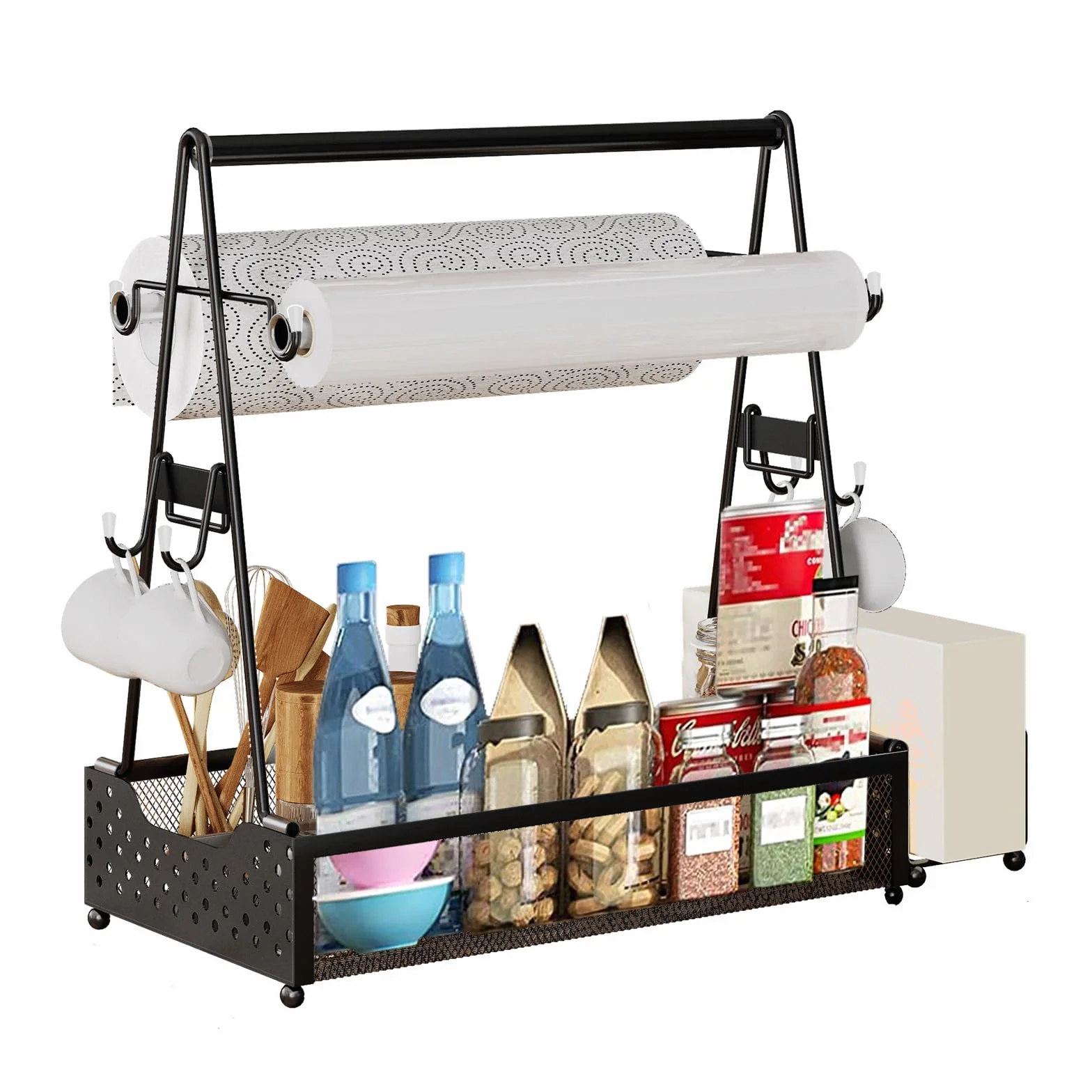 Grill Caddy, contenitore per utensili da barbecue, con porta asciugamani di carta e 4 ganci, in metallo, accessori da campeggio, organizer per cucina all'aperto