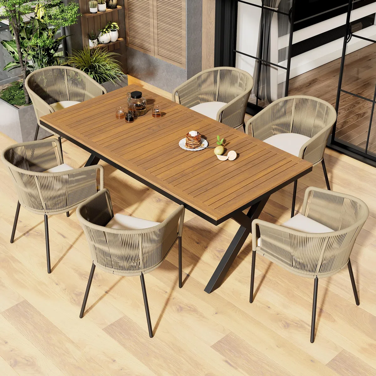 Set da Pranzo da Giardino 7 Pezzi, Set da giardino in Corda per 6 persone, 6 Poltrone e 1 Tavolo in legno di acacia, Mobili da giardino, Balcone