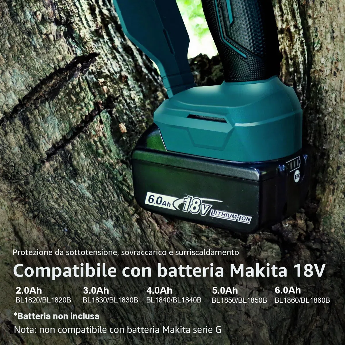 Mini motosega 15 cm compatibile con batteria Makita 18V, motosega da potatura brushless con lubrificazione automatica per taglio del legno e giardinaggio (senza batteria e olio catena)