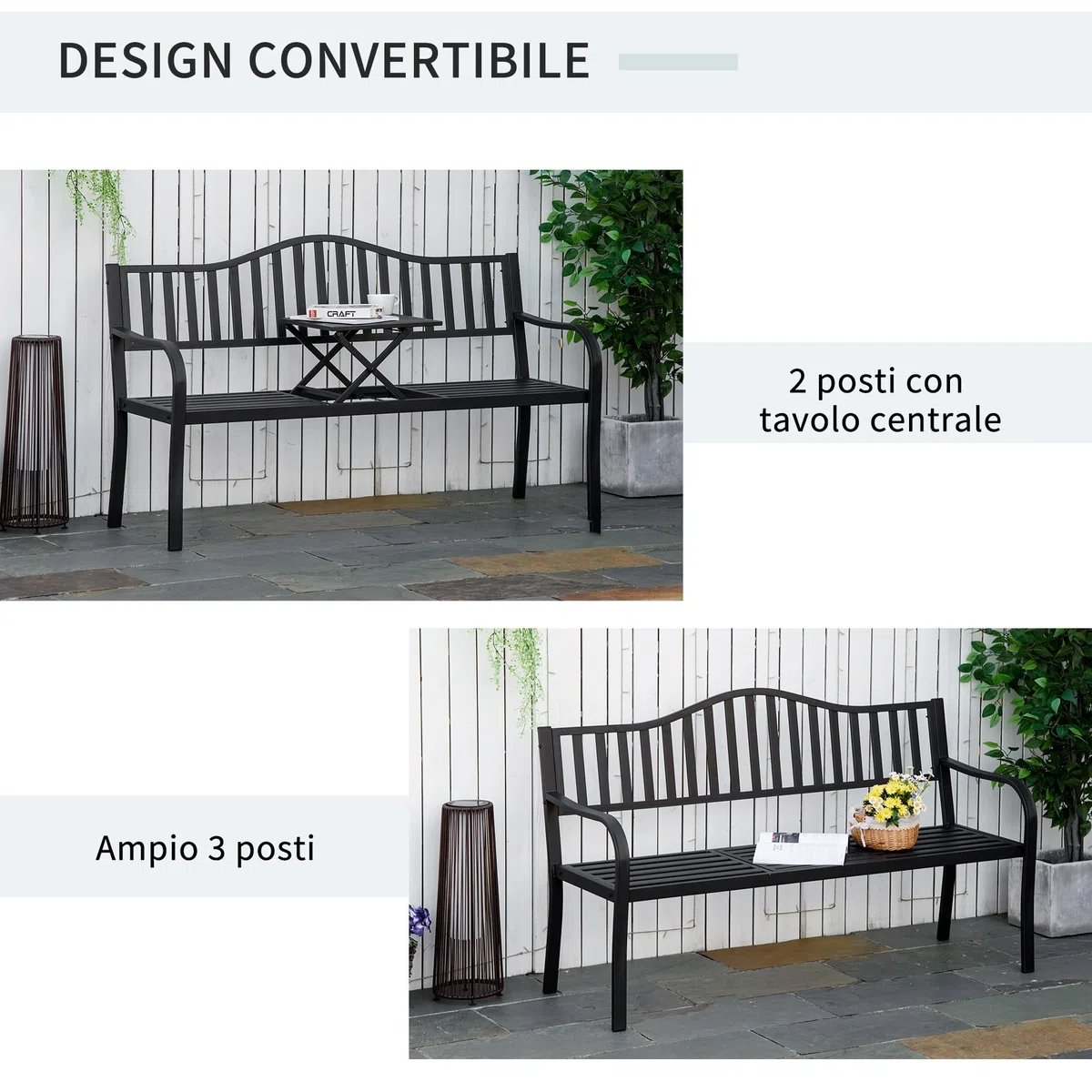 Outsunny Panchina da Giardino a 2-3 Posti in Metallo, Panchina da Esterno con Tavolino Sollevabile, Schienale a Doghe e Braccioli, per Balcone Esterno e Patio, 150x58.5x90 cm, Nero