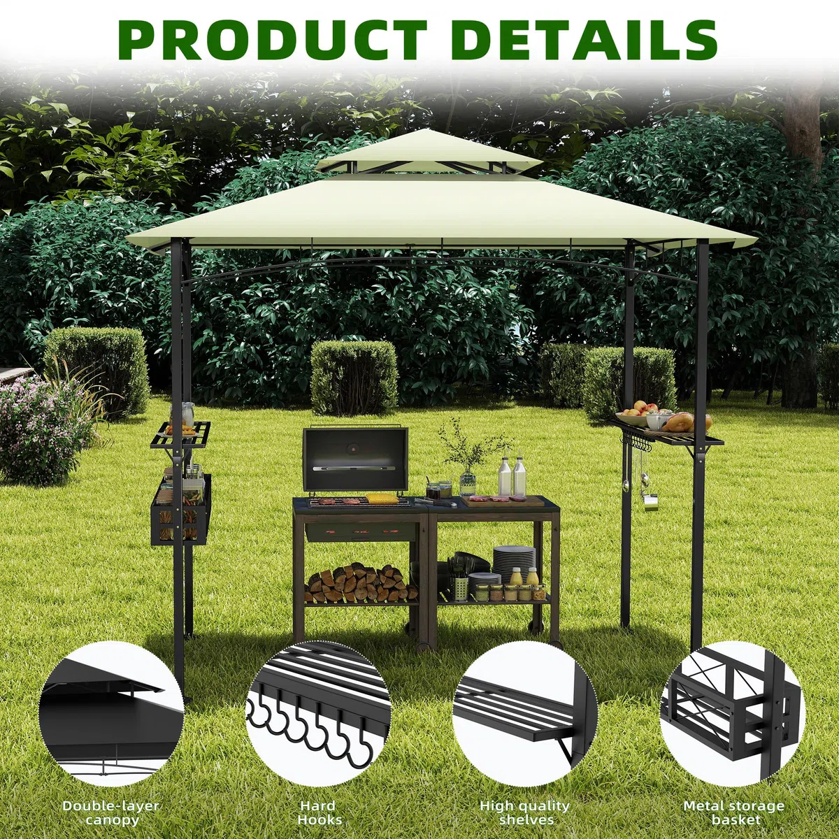 Gazebo da giardino con tetto a doppio strato, 245 x 153 x 250 cm, impermeabile, ignifugo, con base di spazio, tenda da giardino per feste, barbecue, beige