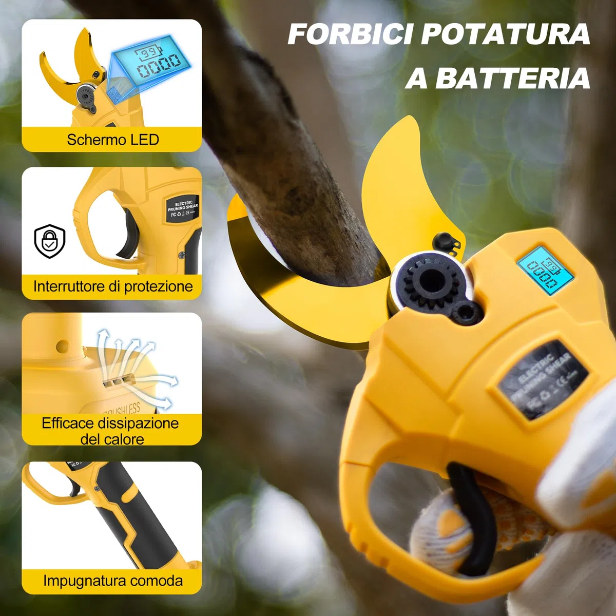 Forbici Potatura a Batterie, 40-50 mm Brushless Cesoie Potatura Elettriche Professionali con LCD Display, 2x2000mAh Batterie，SK7 Lame,Forbici Potatura Elettriche per Giardinaggio,Frutteto,Fattoria