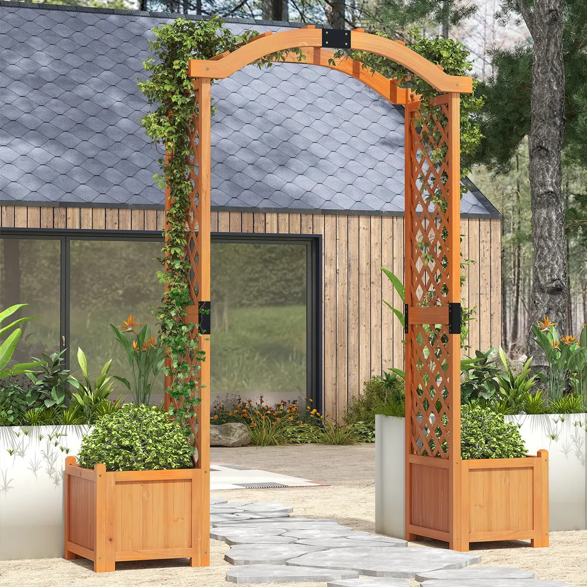 HOMASIS Arco per Rampicanti in Legno, Arco da Giardino con 2 Vasi, Pergolato da Giardino per Verdure, Decorazione per Patio, Cortile (Arancione, 185 x 45 x 201 cm)