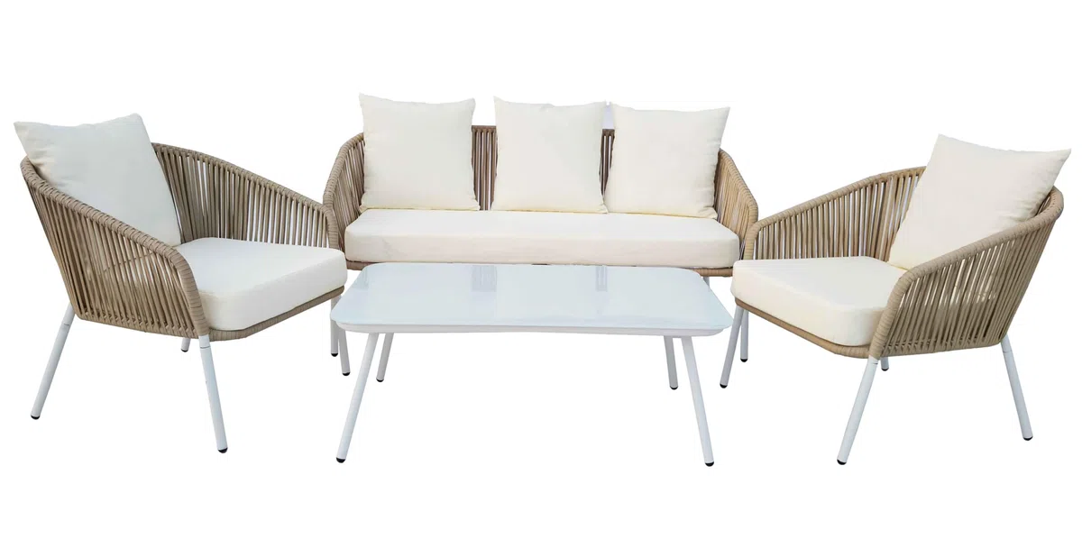 Megashopitalia Set da Giardino in Rattan con Divano 5 Posti Poltrone Tavolino da Caffè (Bianco)