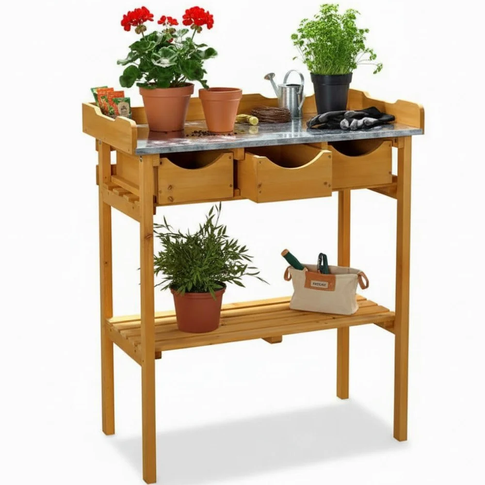 Melko Tavolo da lavoro per giardino Tavolo da giardino Tavolo per piante con TRE cassetti in stile country in legno di abete per esterni, 80 x 40 x 82 cm, marrone miele