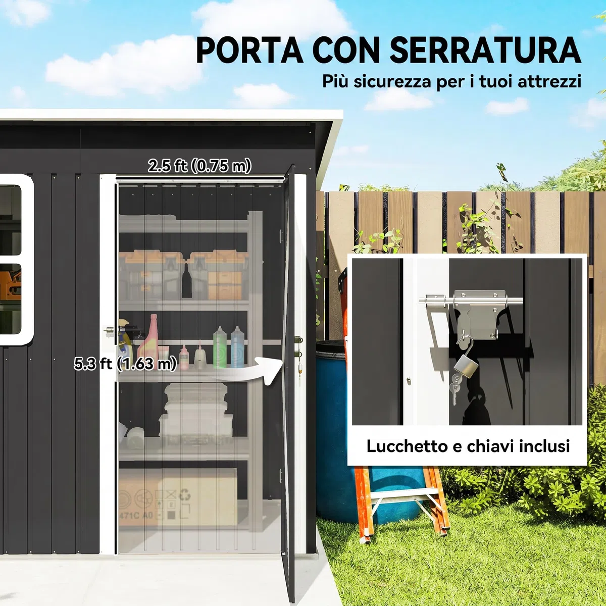 Outsunny Casetta da Giardino 2.55m² in Acciaio Zincato, con Kit di Fondazione, Capanno da Giardino Porta Attrezzi con Porta Bloccabile, Tetto Inclinato, Finestra, per Esterno, Grigio Scuro
