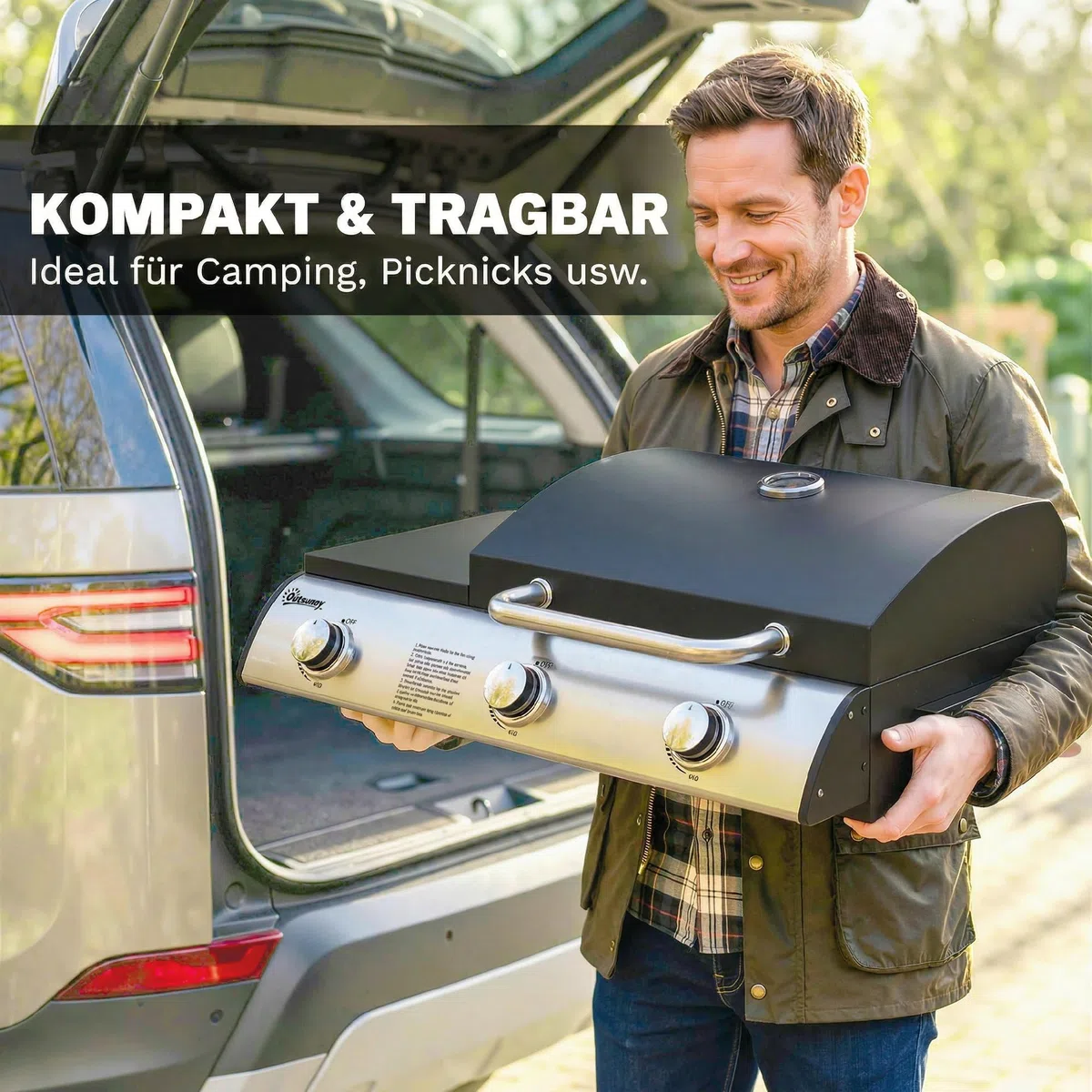Outsunny Barbecue a gas 7,5 KW portatile da tavolo con 3 bruciatori, tavolo laterale, griglia smaltata, vassoio raccogli grasso, termometro, griglia a gas da tavolo, barbecue da picnic, per giardino