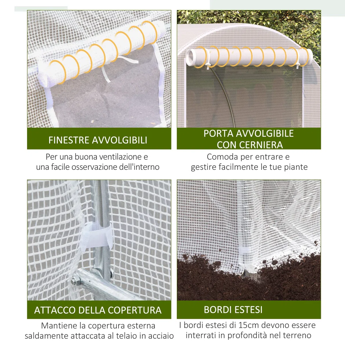 Outsunny Serra da Giardino a Tunnel 4x2x2 m con Porte Avvolgibili e Finestre, Serra per Orto con 4 Rinforzi Diagonali, Struttura in Metallo e Copertura PE, per Orto Verdure Fiori, Bianco