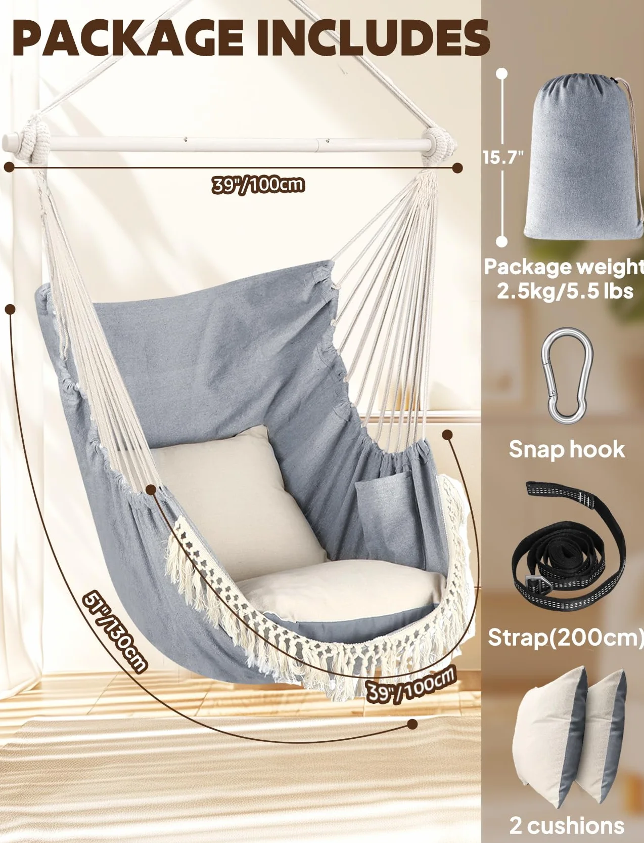 Chihee Sedie sospese Sedia amaca Massimo 227KG 2 cuscini inclusi Barra di diffusione in Metallo con scanalature antiscivolo Sedia sospesa portatile Tasca laterale Grande sedia bohémien in macramè