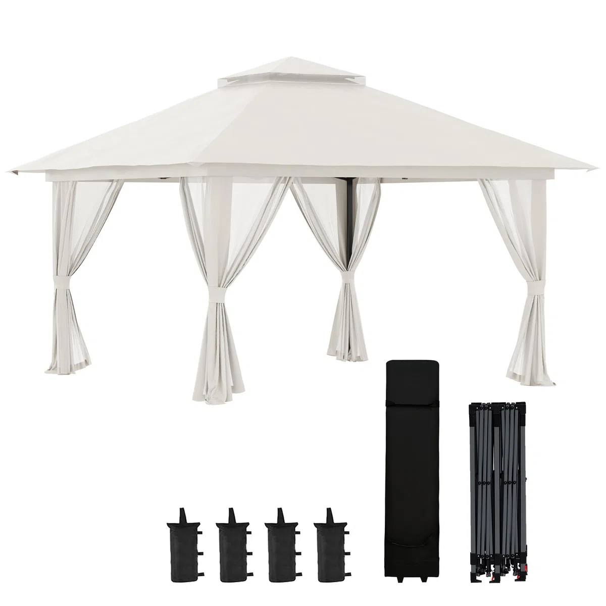 Outsunny Gazebo Pieghevole Pop Up 4x4 m ad Altezza Regolabile a 3 Livelli, Gazebo Esterno con Zanzariera, Sacchi di Sabbia, Borsa da Trasporto, UV50+, per Giardino Campeggio Feste, Crema