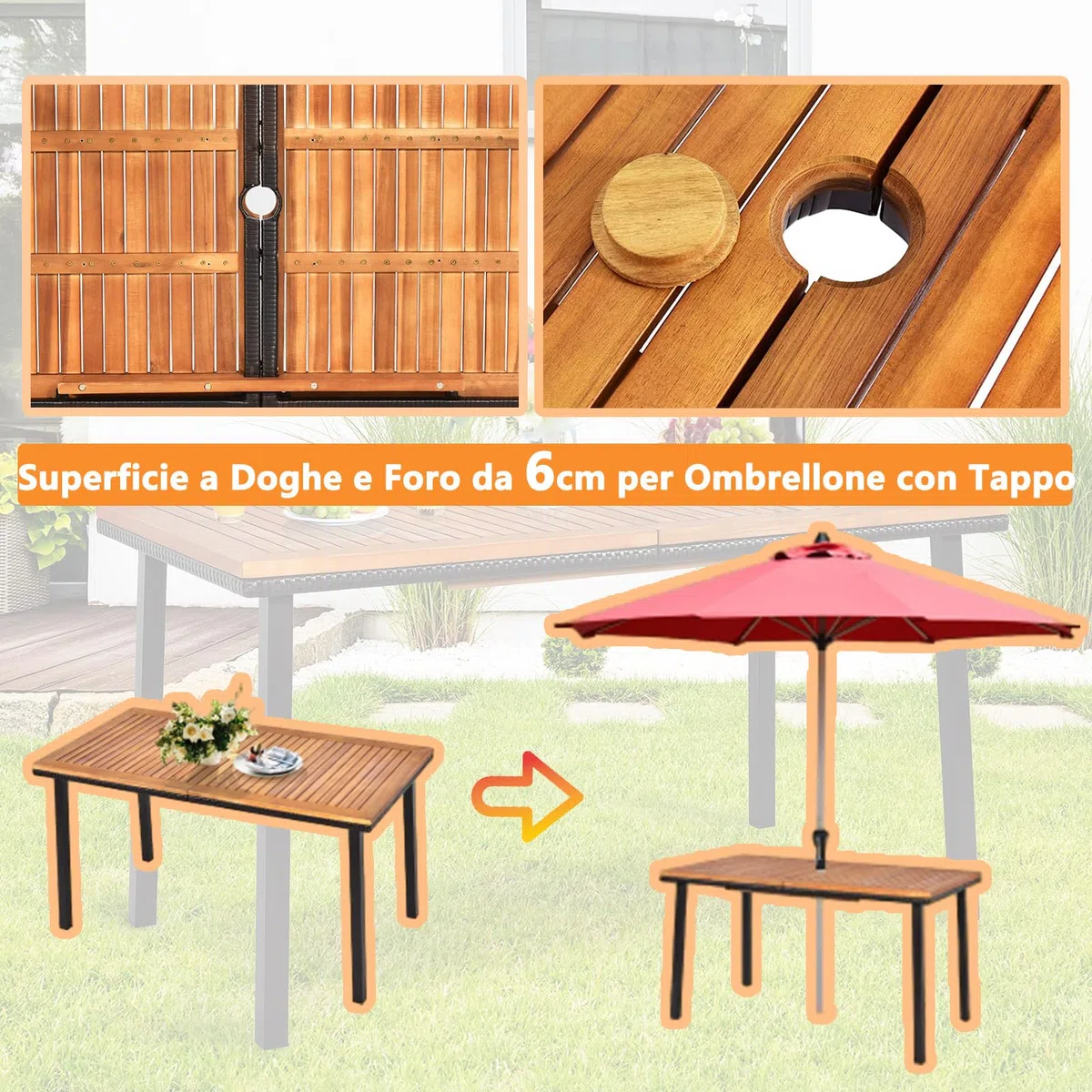 RELAX4LIFE Tavolo da Giardino in Legno di Acacia con Foro Ombrellone 6 cm, Gambe in Metallo, per 6 Persone, Design a Doghe per Esterno, Terrazza, Patio, Portata 50KG (140x75x76cm, Rettangolare)