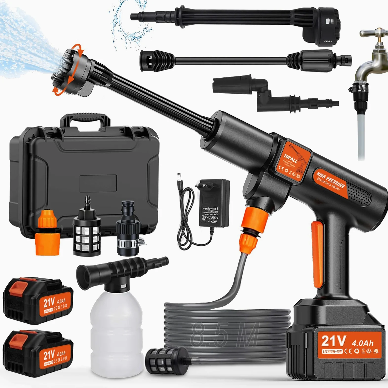 TOPALL Idropulitrice a Batteria,Pistola Idropulitrice Portatile,High Pressure Cleaner,Max da 45 Bar,con 2 * 4000mAH Batterie | Tubo da 8.5M | 6 in 1 Ugello | Rotante Ugello,per Auto,Giardino