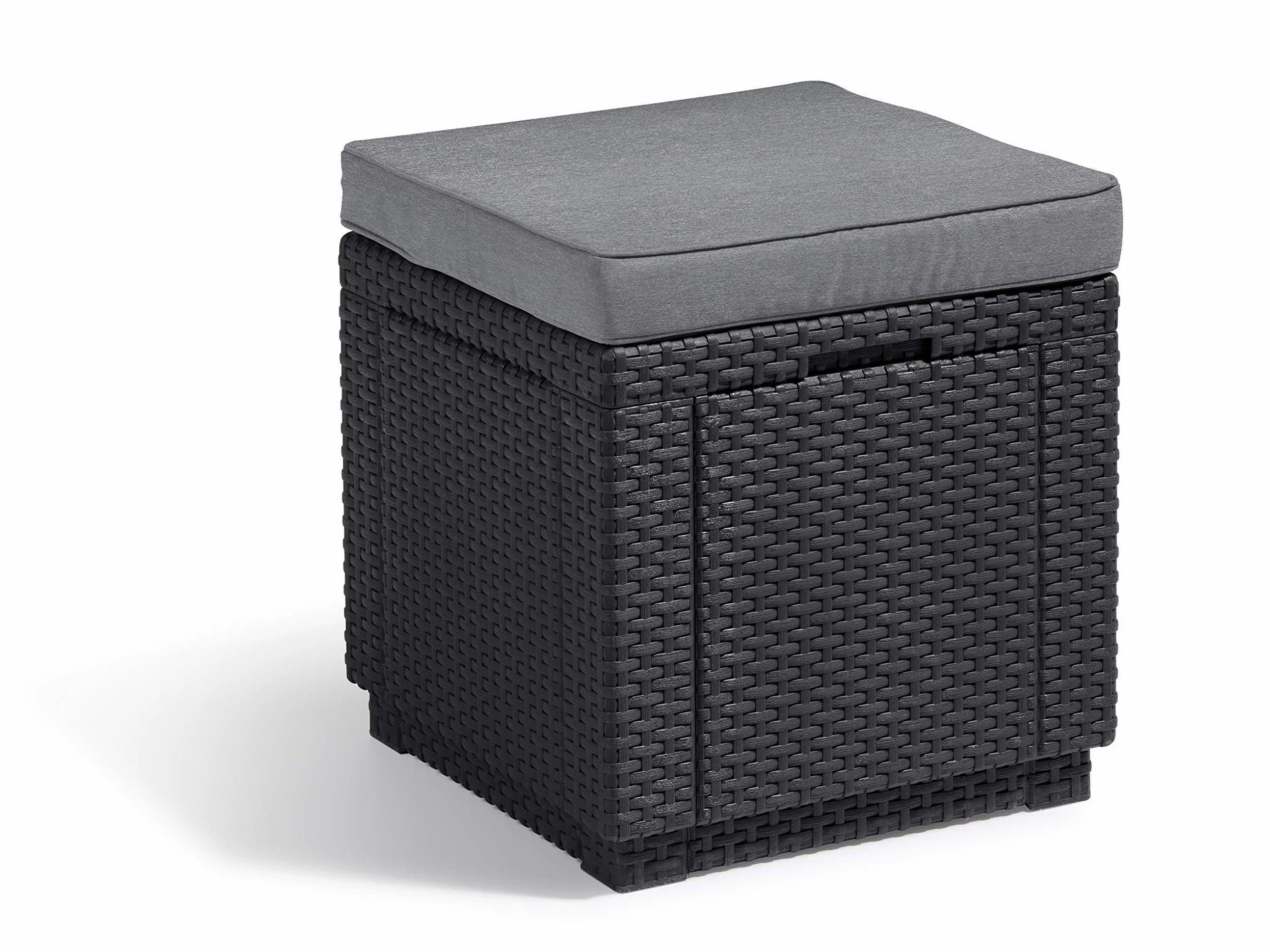 Allibert by Keter Cube - Sgabello con vano portaoggetti, con Coperchio Rimovibile, Effetto Rattan Piatto, Resistente alle intemperie, 42 x 42 x 39 cm, Colore: Grigio