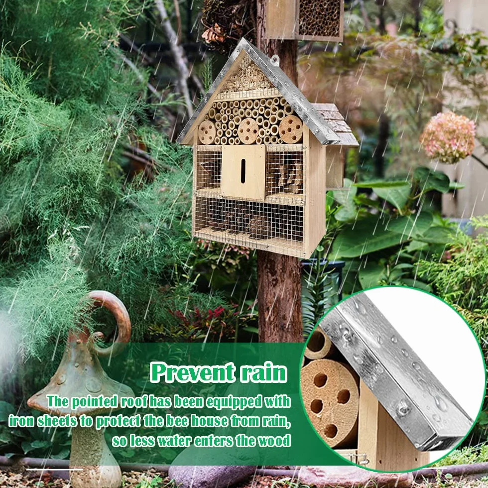 Casetta In Legno Da Giardino Esterno Per Insetti, Casetta Api Selvatiche Da Appendere Con Tetto In Metallo, Hotel Per Insetti Selvatici Ape Farfalla Coccinella, Decorazioni Appesa Da Giardino Albero