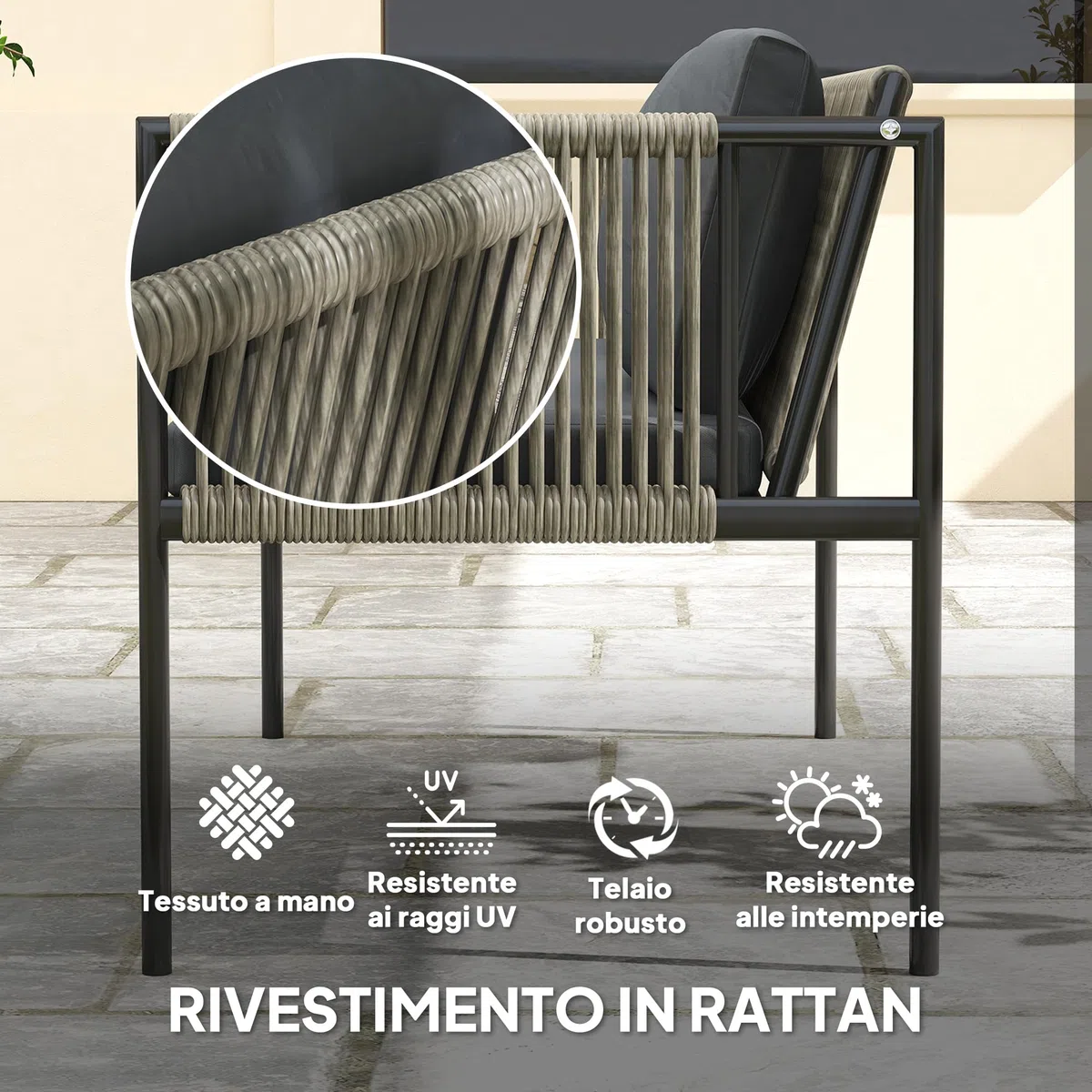 Outsunny Set di Mobili da Giardino in Rattan 4 Pezzi, Salotto da Esterno con Divano a 2 Posti, 2 Poltrone da Esterno, Tavolino da Caffè in Vetro e Cuscini Lavabili, Struttura in Acciaio, Nero/Grigio