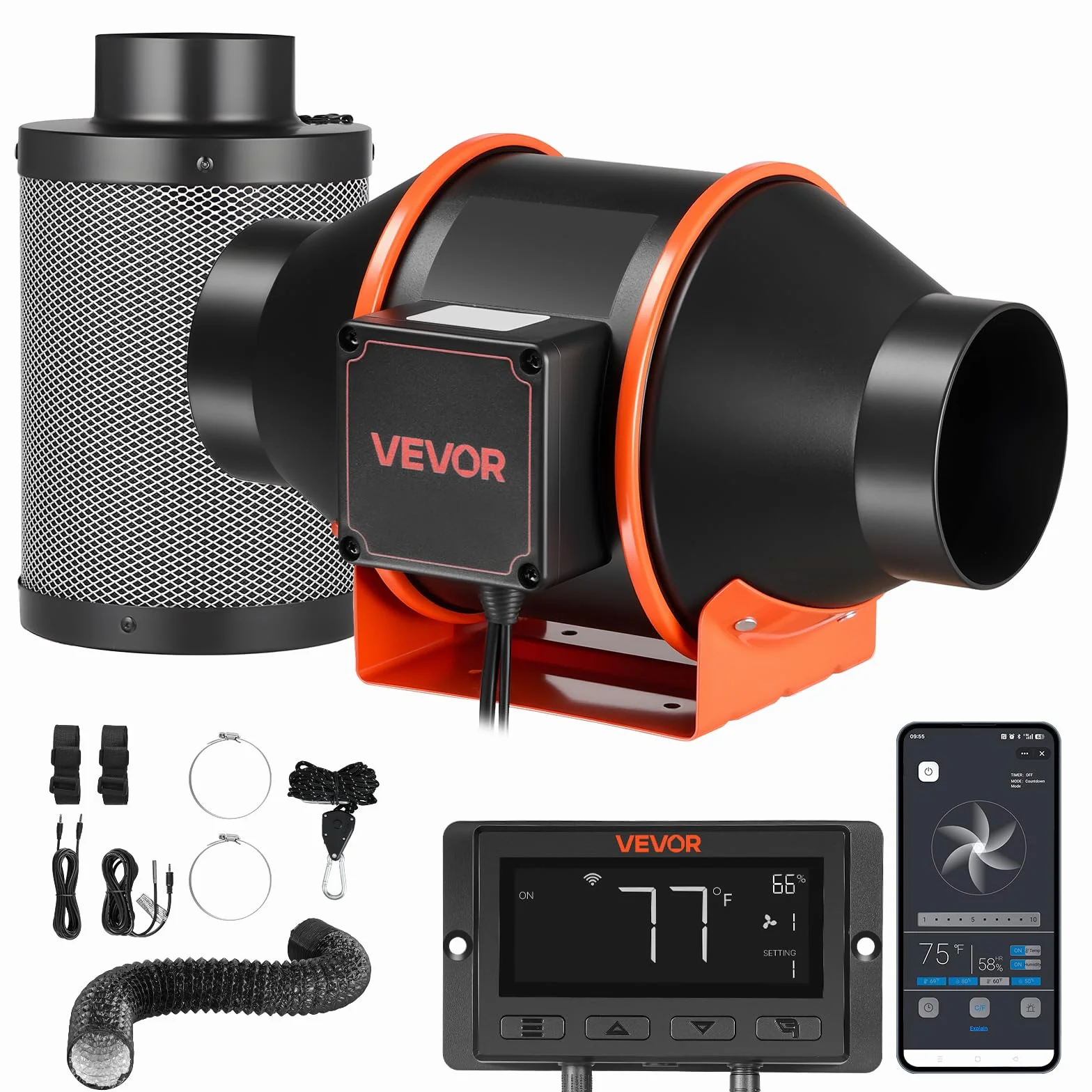 VEVOR Kit Estrattore Aria in Linea 349 m³/h, Kit Ventilatore da Condotto con Filtro a Carboni Attivi, Motore EC 101,6 mm, 10 Livelli di Velocità, Controllo PWM con App e Timer, per Giardinaggio Indoor