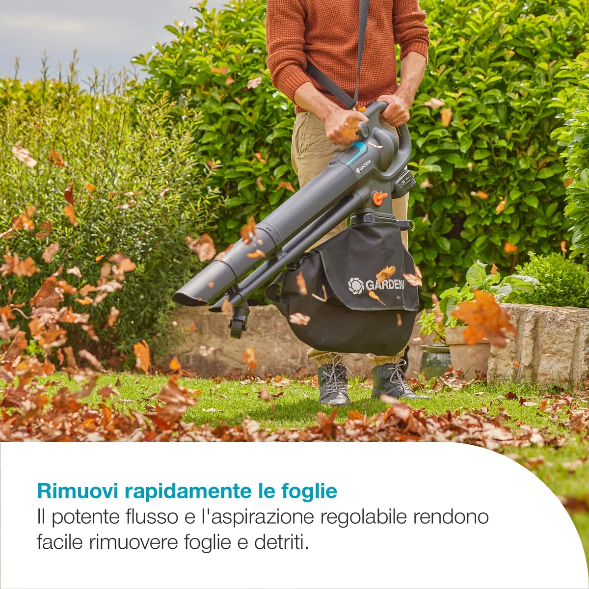 Gardena Soffiatore/Aspiratore A BatteriaPowerJet Collect 18V P4A Solo: Potente flusso d'aria, Cambio rapido di modalità, Velocità regolabile, Sacco di raccolta, Senza fili (14895-55)