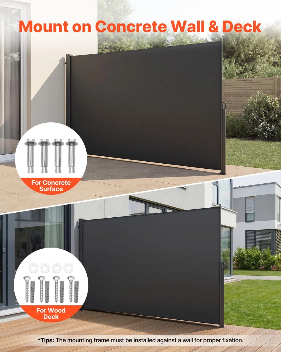 VEVOR Tenda Laterale Retrattile 180 x 300 cm Parasole, Divisorio Paravento per Terrazza con Tessuto in Poliestere, Impermeabile Frangivista Grigio, da Esterno per Giardino Balcone Piscina Terrazzo