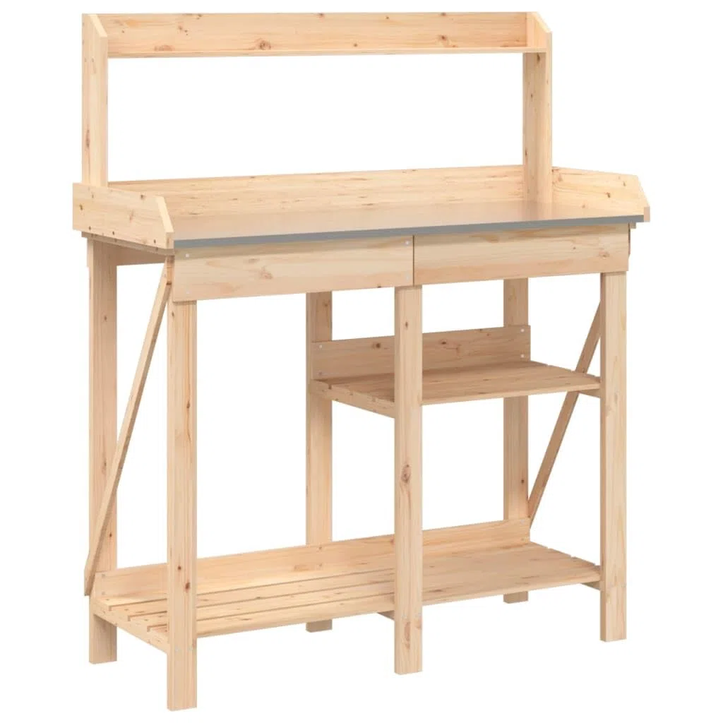 Rantry Tavolo per piante da giardino, tavolo da giardinaggio, in legno massiccio, con ripiani e cassetto, tavolo da lavoro da giardino, piano di lavoro zincato, in legno massello di abete