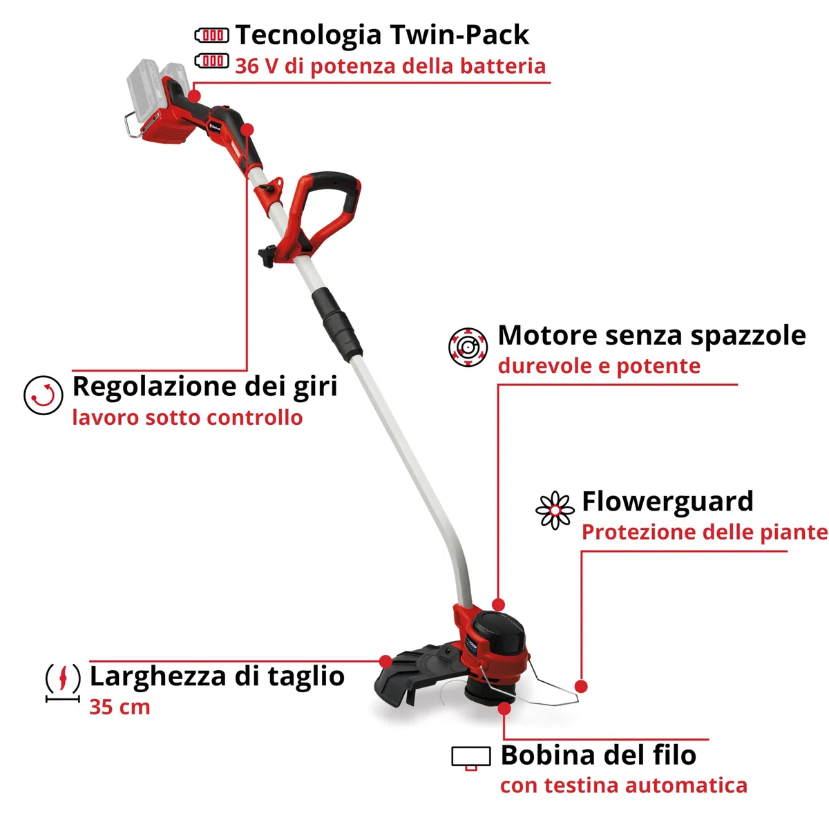 Einhell Professional, tosaerba a batteria GP-CT 36/35 Li BL-Solo Power X-Change (36 V, bobina di filo con testina automatica, Brushless, Flowerguard, senza batteria)