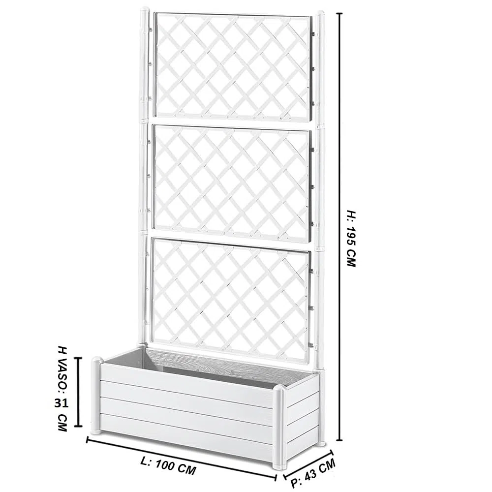 Fioriera con vaso largo cm 100 Spalliera Grigliata alta cm 195 separe' bianco graticola rampicante modulabile e componibile per Esterni Giardini Terrazze separatore ambienti locali commerciali