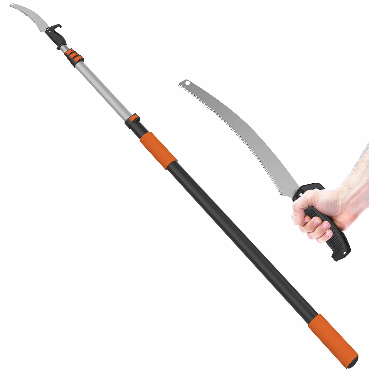 LAANPOLE Sega su Asta 3,6m, Potatore su Asta Telescopica con Asta di Estensione 1-3,6m, Potatore Manuale per Giardino, Arancione