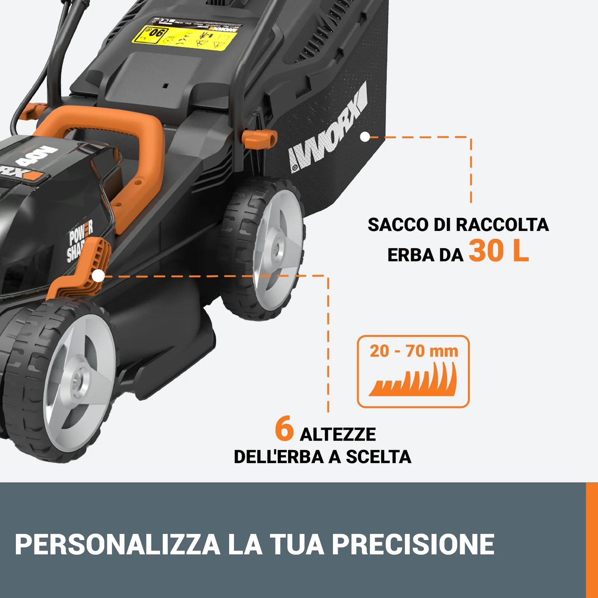 WORX WG779E Tosaerba a Batteria 40V Rasaerba Elettrico da Giardino, Diametro Taglio 34 cm, 2 Batteria da 2,5Ah
