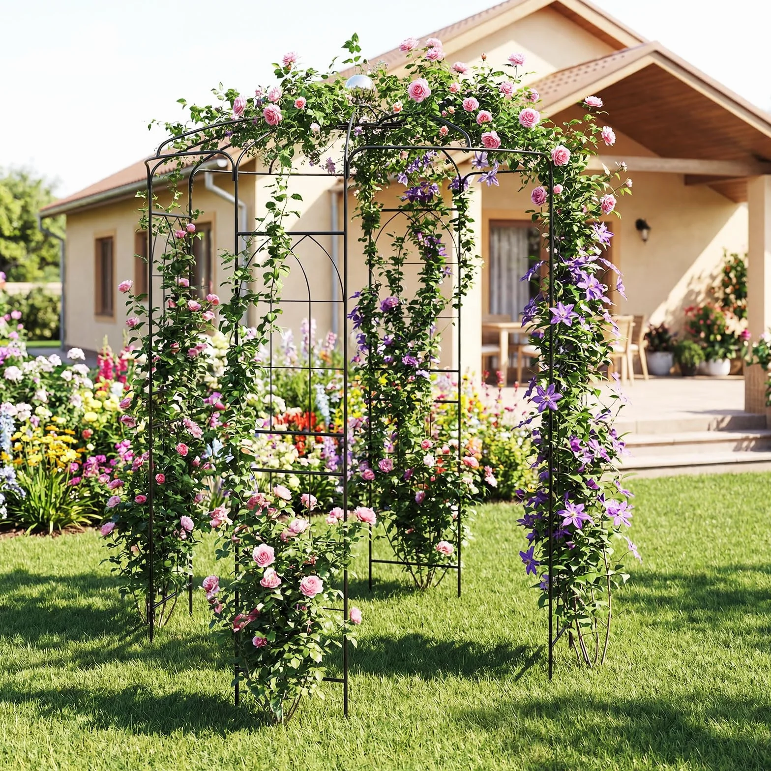 COSTWAY Traliccio ad Arco in Metallo Zincato per Piante Rampicanti, Gazebo a Forma di Gabbia per Uccelli con Gancio e Paletti, Pergola da Giardino per Cerimonie, 198 x 284 cm, Nero