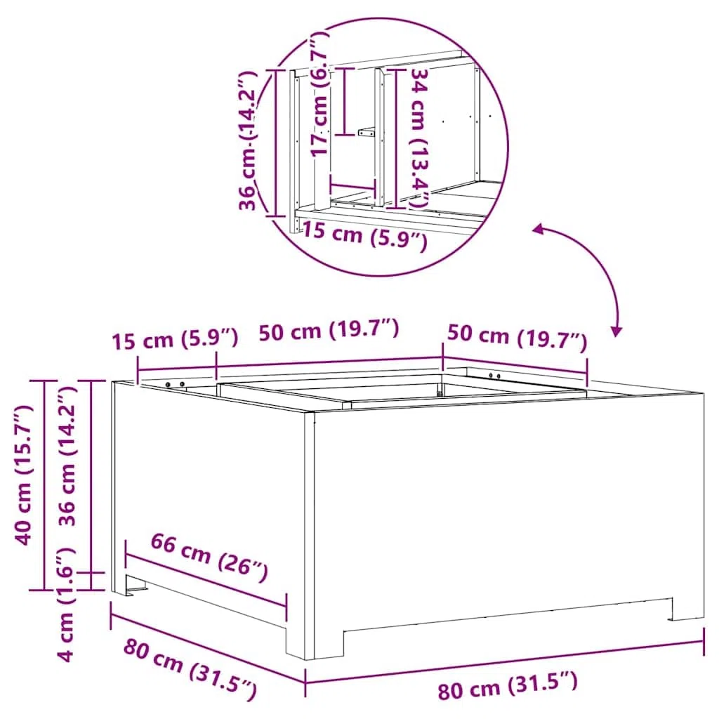 vidaXL Focolare Marrone 80 x 80 x 40 cm, Focolare Industriale da Esterno, Quadrato e Portatile, Resistente alla ruggine, Ideale per Giardini e Terrazzi