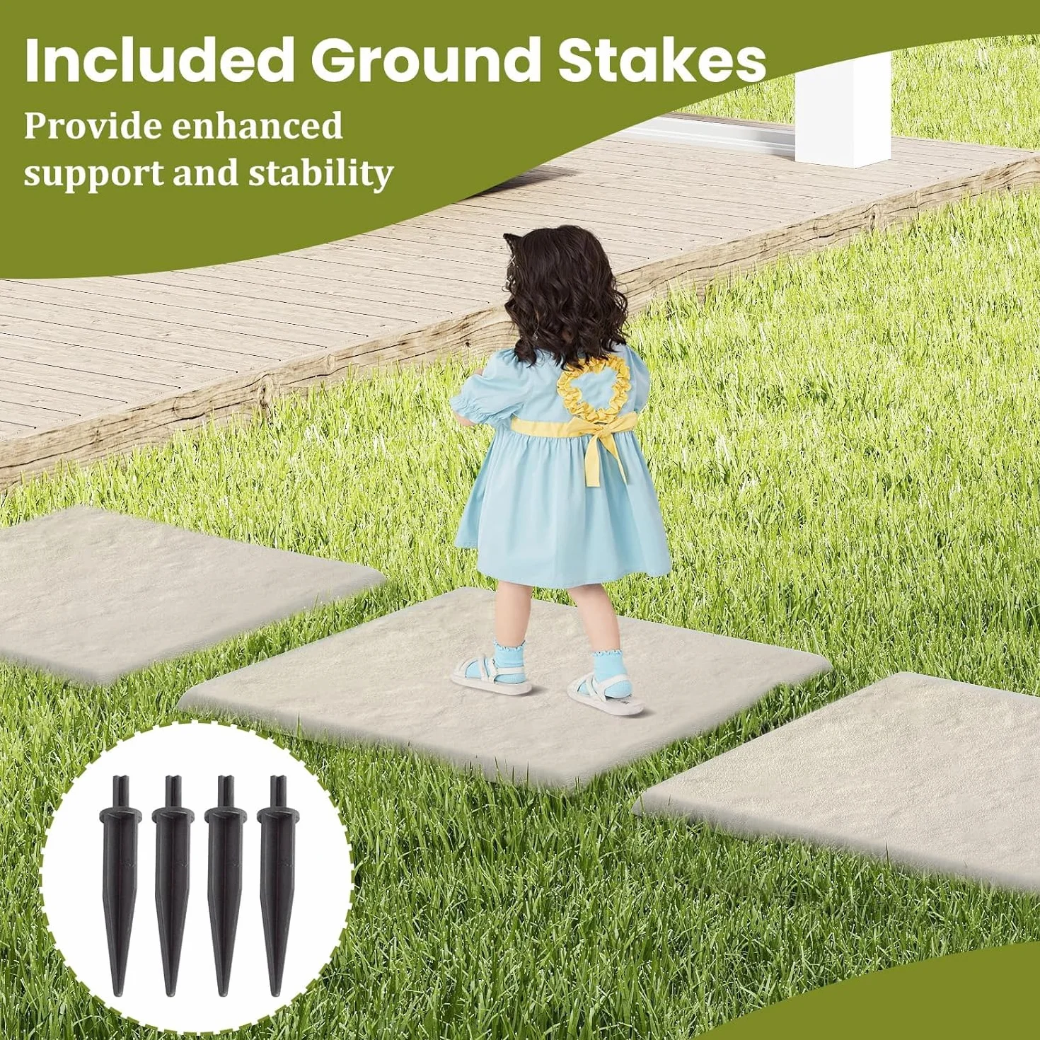 LIFEZEAL 16 Pezzi Pietre da Giardino con 4 Picchetti, Piastrelle per Esterno 39,5 x 39,5 cm, Pietre Decorative in PP Resistente per Passerelle da Giardino e Passeggiate Esterne (Beige,16)