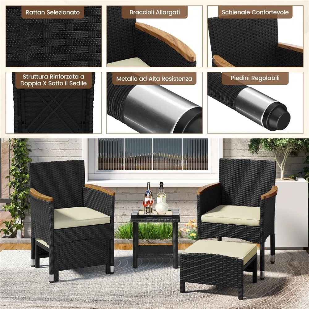 Yaheetech Set di 5 Mobili da Giardino in Rattan PE Mobili da Balcone con 2 Poltrone 2 Poggiapiedi 1 Tavolino in Vetro per Esterno Patio Terrazza Nero/Beige