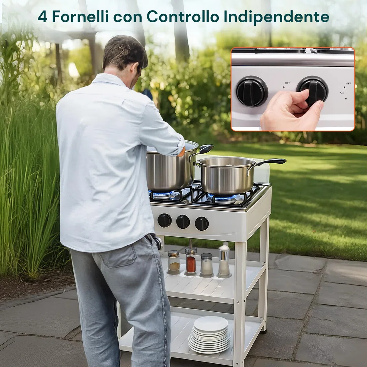 Avilia - Piano Cottura 4 Fuochi Gas per Esterno con Struttura Resistente in Metallo, Ripiani Laterali in Acciaio, Collegamento Bombola GPL, Ideale per Campeggio e Grigliate (Bianco)