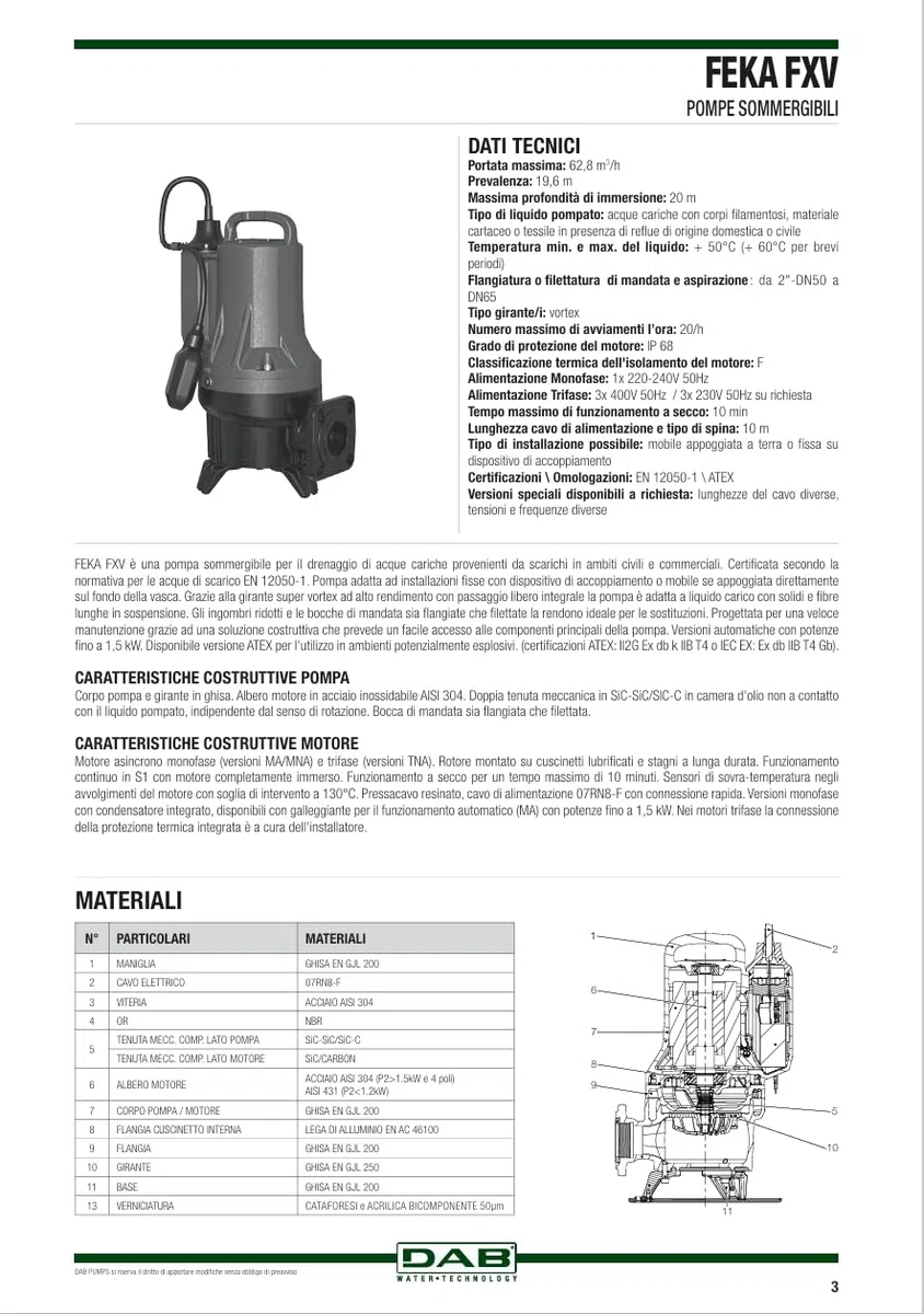 DAB FEKA FXV 20.07 MA HP 1,2 Pompa sommergibile monofase con galleggiante per il drenaggio di acque reflue in ambiti civili e commerciali