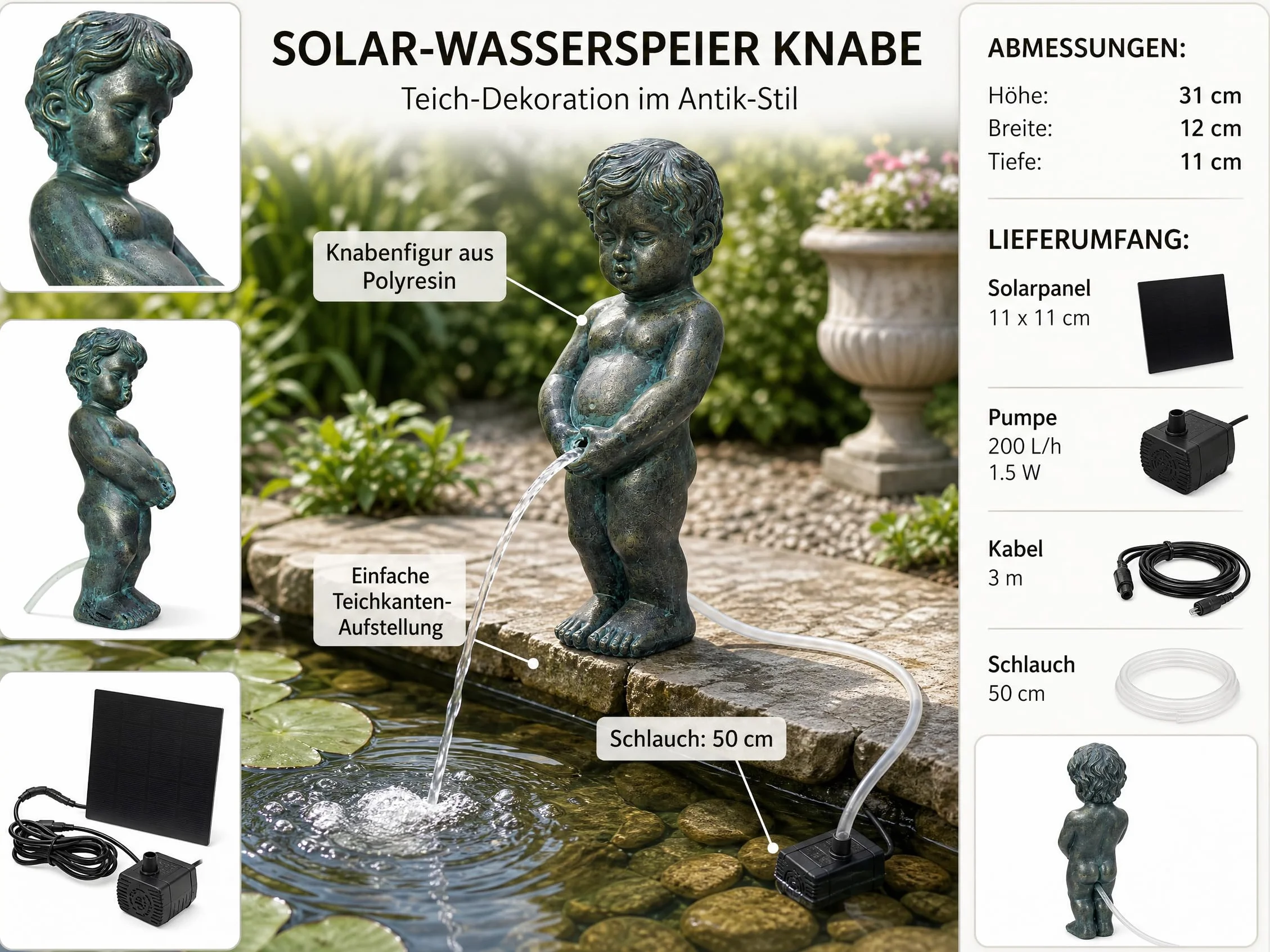 Arnusa Garghilè solare – Statuetta di laghetto con pompa solare e gioco d'acqua, decorazione da giardino in poliresina effetto rame, fontana solare per laghetto da giardino e corso d'acqua (ragazzo 11