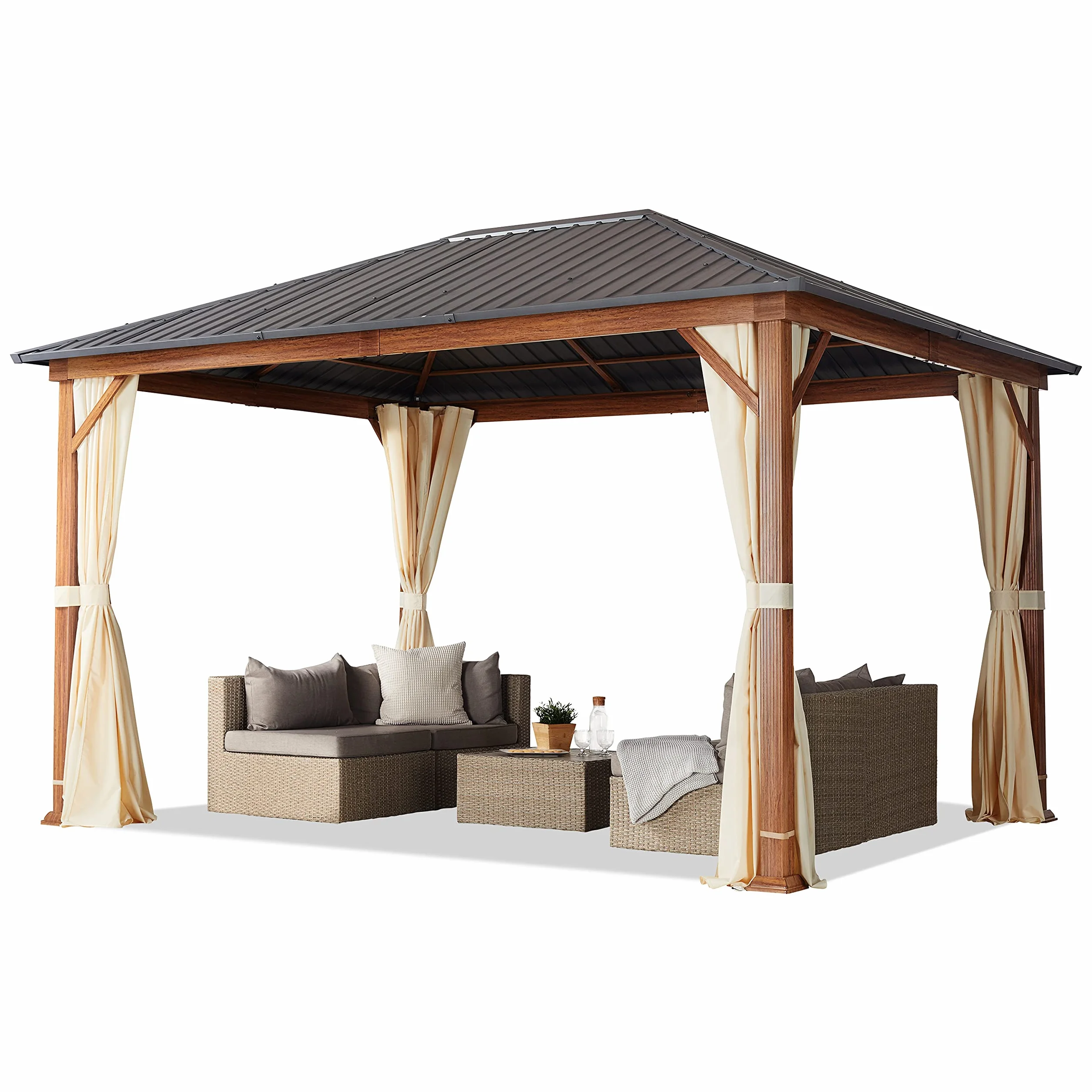 TOOLPORT Gazebo da Giardino 3x4 m Look Legno, Tetto Hardtop in Acciaio, 4 Teli Laterali Color Crema