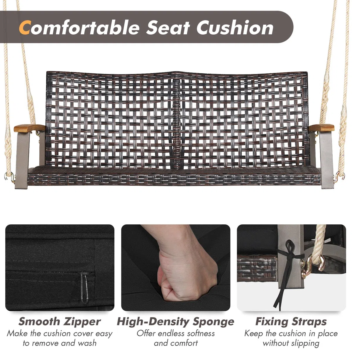 LIFEZEAL Dondolo sospeso a 2 posti, in rattan sintetico, con cuscino, doppia altalena in rattan PE con corde da terrazza, dondolo con schienale e braccioli in legno (beige)