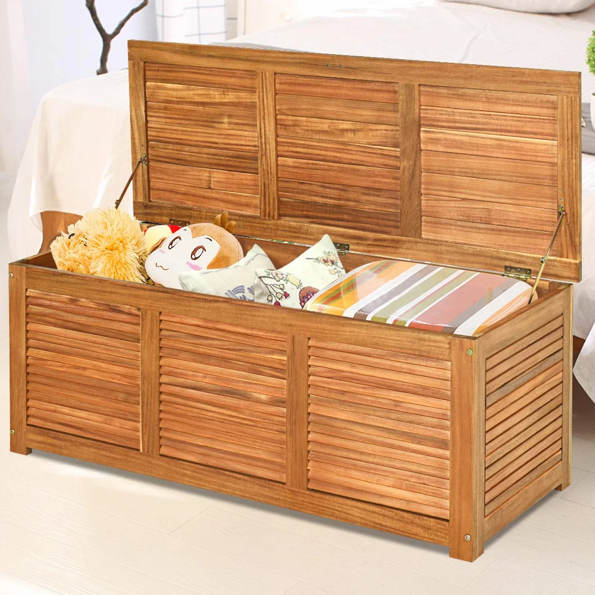 RELAX4LIFE Panca Baule in Legno di Acacia, Scatolone Rialzato a Doghe, Coperchio Ribaltabile con Maniglia ad Anello, Contenitore Portatutto da Interno Esterno, 120x45x45cm (Modello 1)