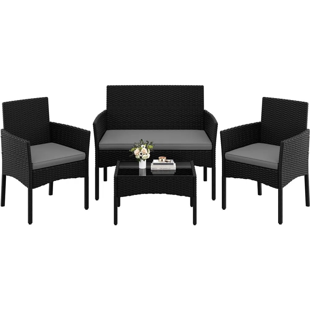 Yaheetech Set di Mobili da Giardino da Balcone 4 Pezzi in Polyrattan con Divano a 2 Posti 2 Poltrone 1 Tavolo per Esterni Patio Giardino Nero/Grigio Chiaro