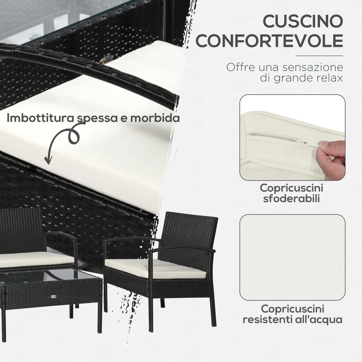 Outsunny Set da Giardino 4 Pezzi in Rattan PE, Salotto da Giardino con Tavolino da Giardino 75x40x38 cm, 2 Poltroncine 57x60x77 cm e Divano 2 posti 108x60x77 cm, Nero e Crema