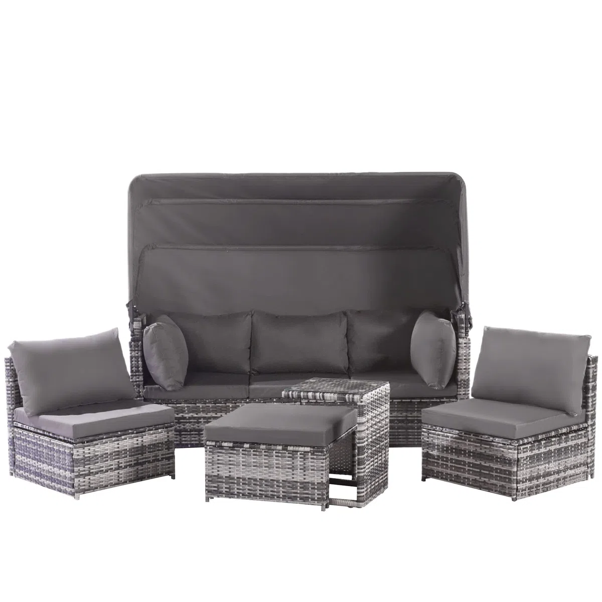 Set di sedie da giardino in rattan, divano con tettuccio parasole, sgabello, poltrone e tavolo, mobili da giardino per esterni, mobili da giardino, balcone e giardino, mobili da terrazza