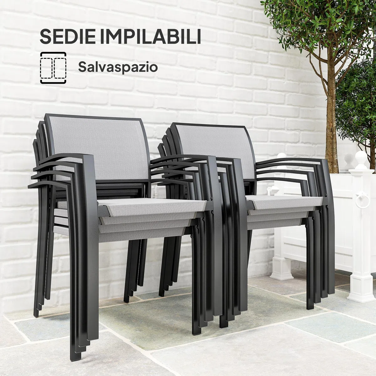 Outsunny Set Tavolo da Giardino con Sedie da 9 Pezzi, Set da Pranzo con Tavolo con Piano in PSPC, 8 Sedie da Esterno Impilabili con Braccioli, Set di Mobili in Acciaio e Textilene da Terrazza, Grigio
